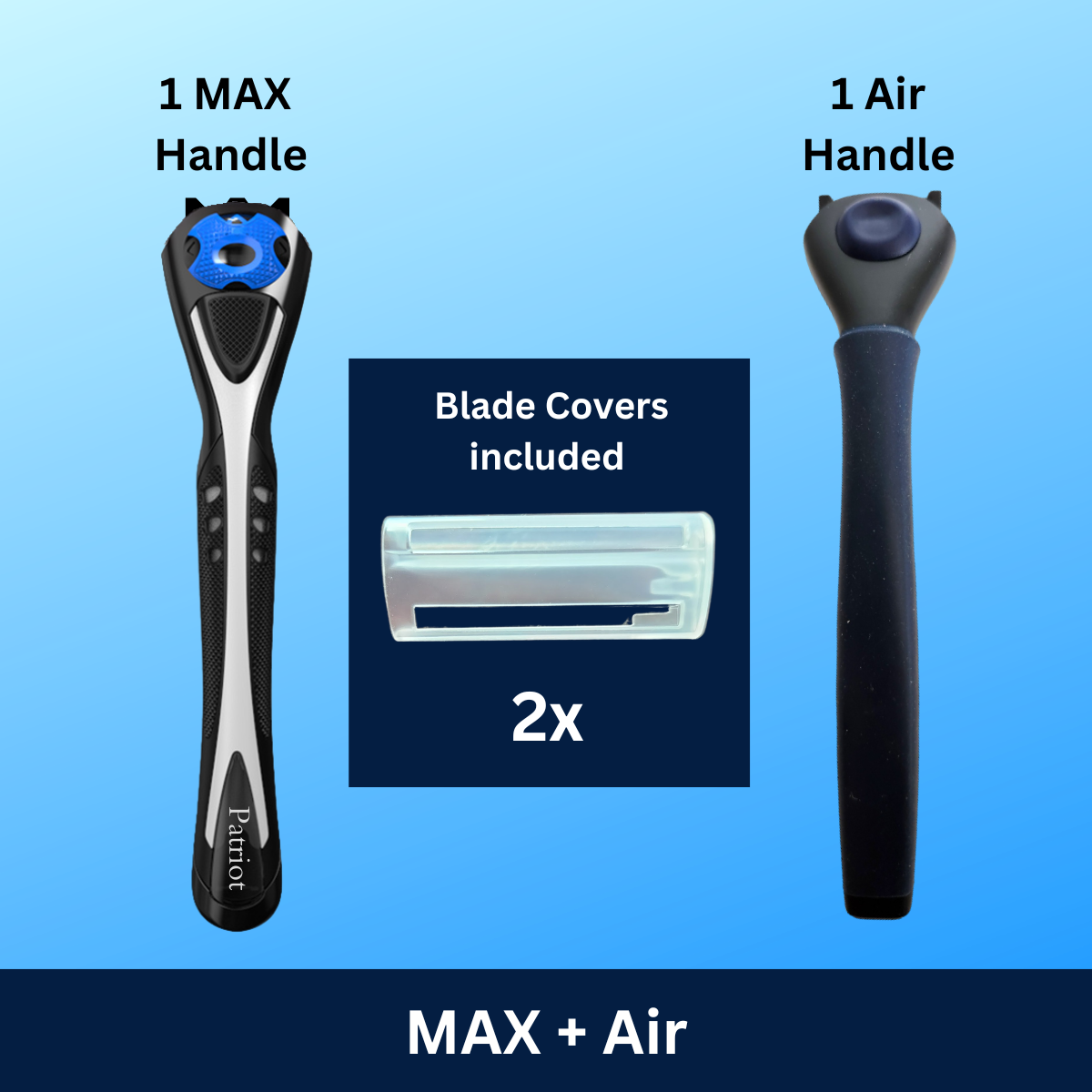 Patriot Shave Handle Variety Pack with MAX and Air handles on a blue background