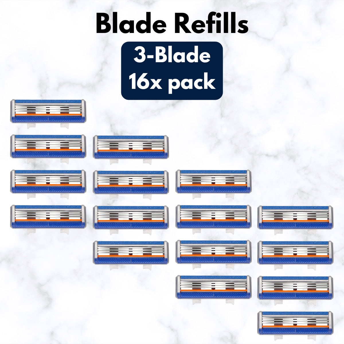 Packaging of 3-blade razor refills with a total of 16 refills on a white background.