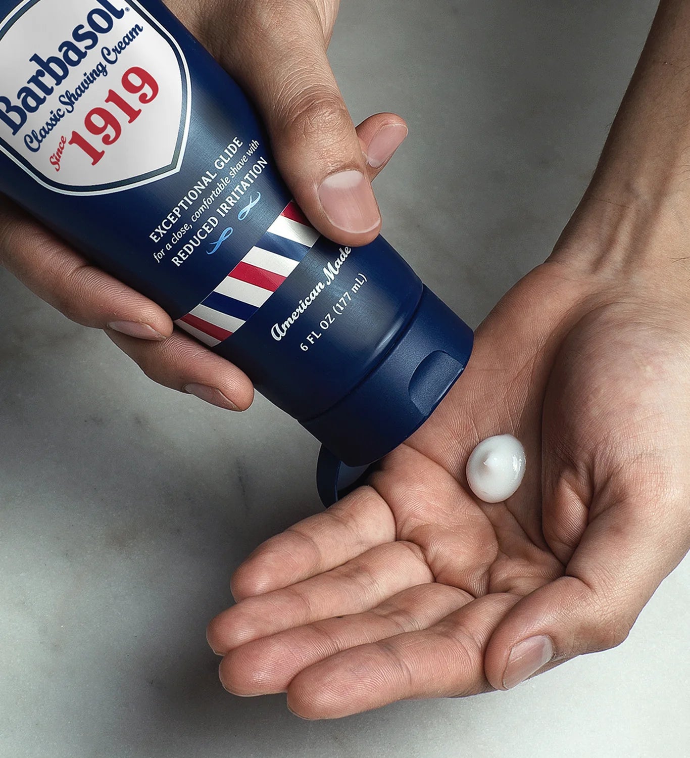 Barbasol 1919 Shave Cream being squeezed into a hand