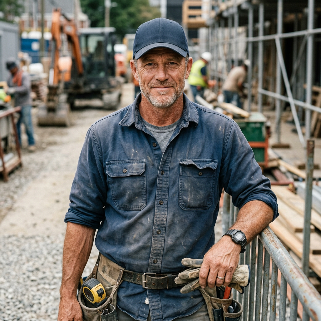 Man in a blue work shirt and cap standing on a construction site