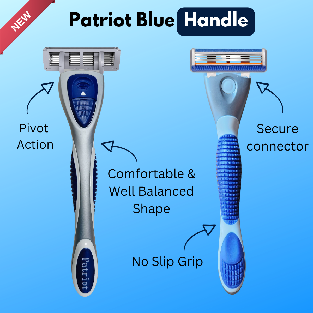 Razor top and bottom view with features highlighted on a blue background 