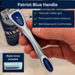 A hand holding a blue and silver Patriot brand men's shaving handle, with a shaving cream canister in the background and text overlays describing features and noting a blade cover is included.