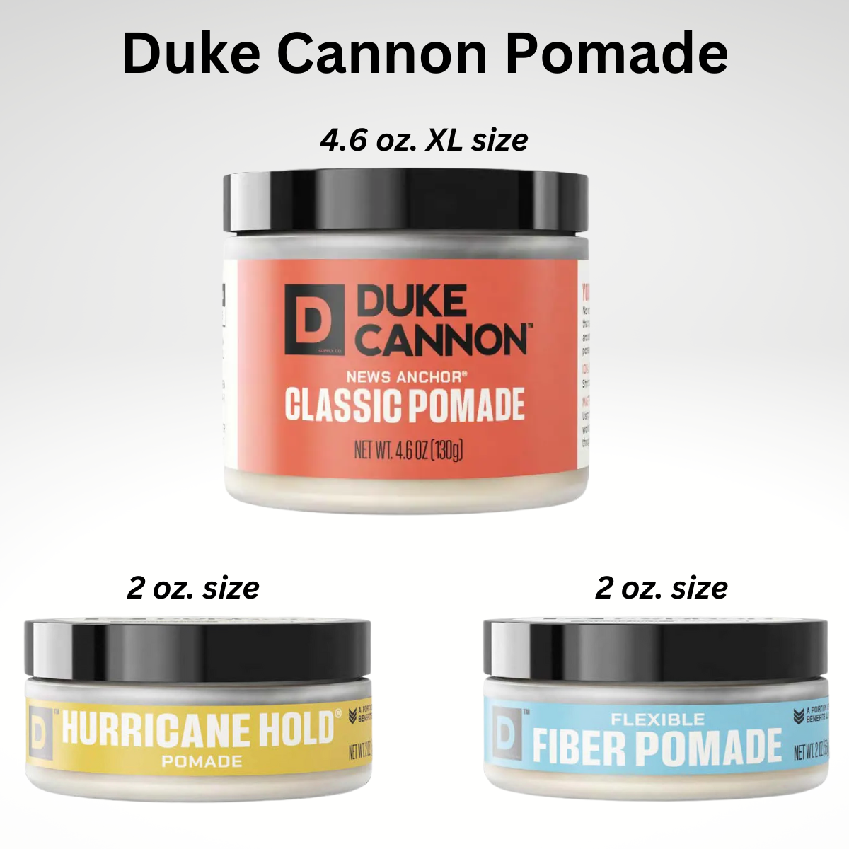 Three jars of Duke Cannon pomade with labels for different sizes and types.