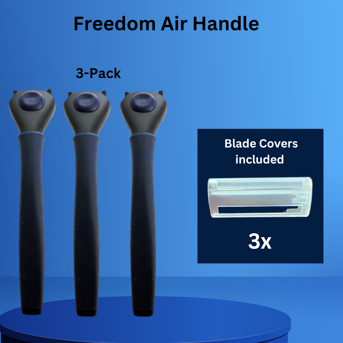 Navy Blue Freedom Air Razor Handle 3 Pack on blue background