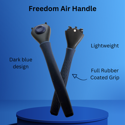 Dark blue 'Freedom Air Handle' with text highlighting features on a blue background