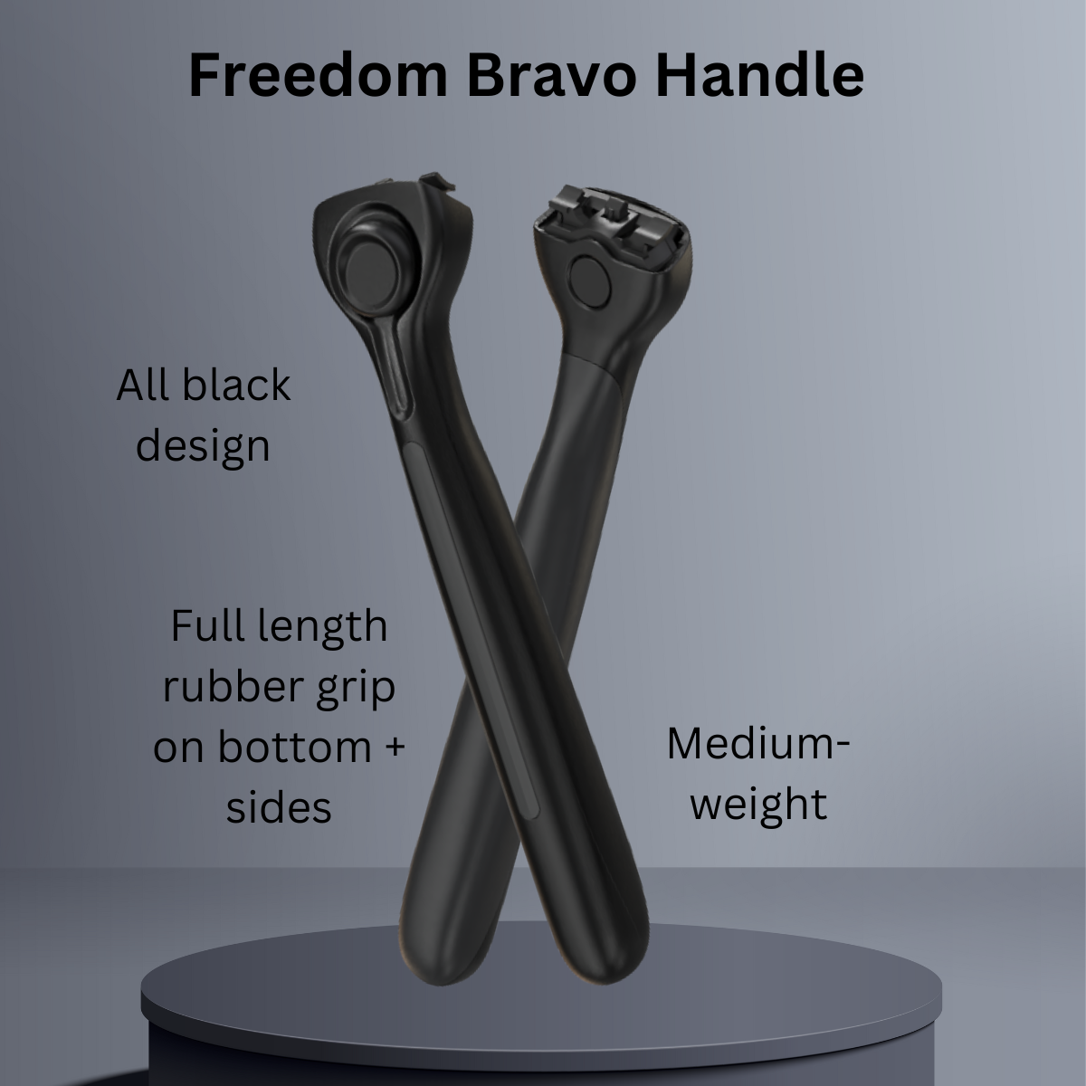 Freedom Bravo Handle with black design, full length rubber grip, and medium weight on a gray background.