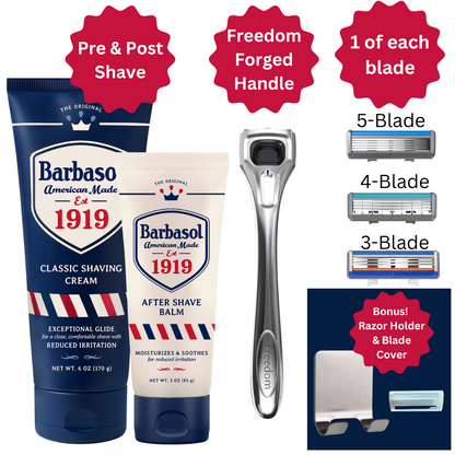 Barbasol shaving products including cream, balm, razor, and blades on a white background.