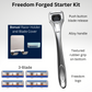 An advertisement image for the Freedom Forged Starter Kit, including a polished metal alloy razor handle, four razor refills, a razor holder, and a blade cover. The image also shows an option to choose between a 3-blade, 4-blade, and 5-blade razor.