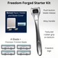 An advertisement image for the Freedom Forged Starter Kit, including a polished metal alloy razor handle, four razor refills, a razor holder, and a blade cover. The image also shows an option to choose between a 3-blade, 4-blade, and 5-blade razor.