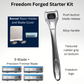 An advertisement image for the Freedom Forged Starter Kit, including a polished metal alloy razor handle, four razor refills, a razor holder, and a blade cover. The image also shows an option to choose between a 3-blade, 4-blade, and 5-blade razor.