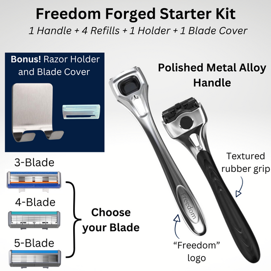 Freedom Forged Starter Kit with razor, refills, and holder on a white background