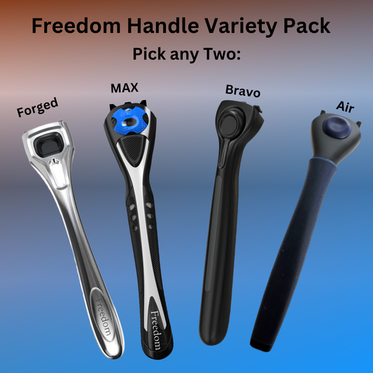 Freedom Razor Handle Variety Pack with four different handles on a gradient background