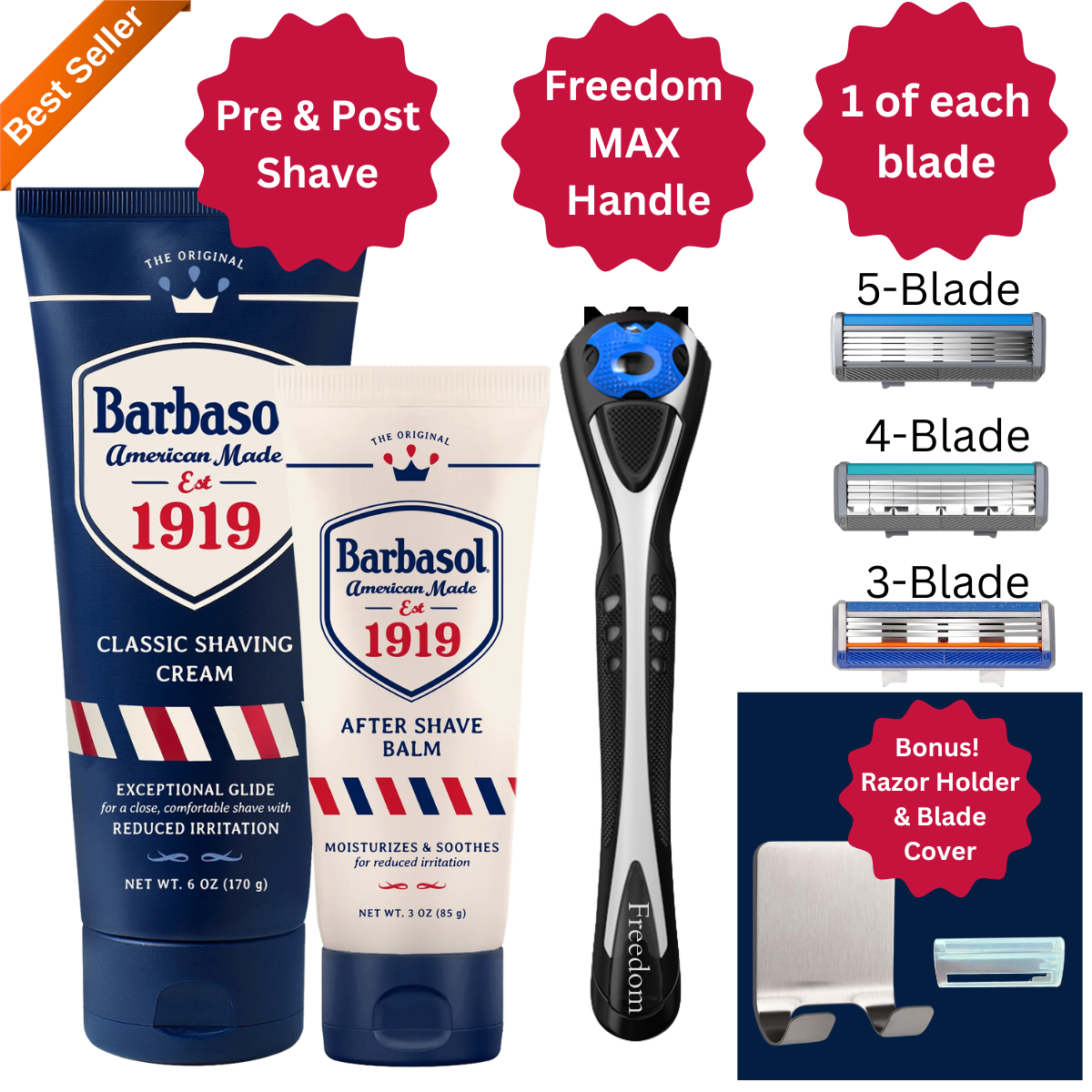 Barbasol shaving product set including cream, balm, razor, and accessories on a white background.