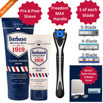 Barbasol shaving product set including cream, balm, razor, and accessories on a white background.