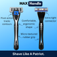 Razor handle with features highlighted on a blue background