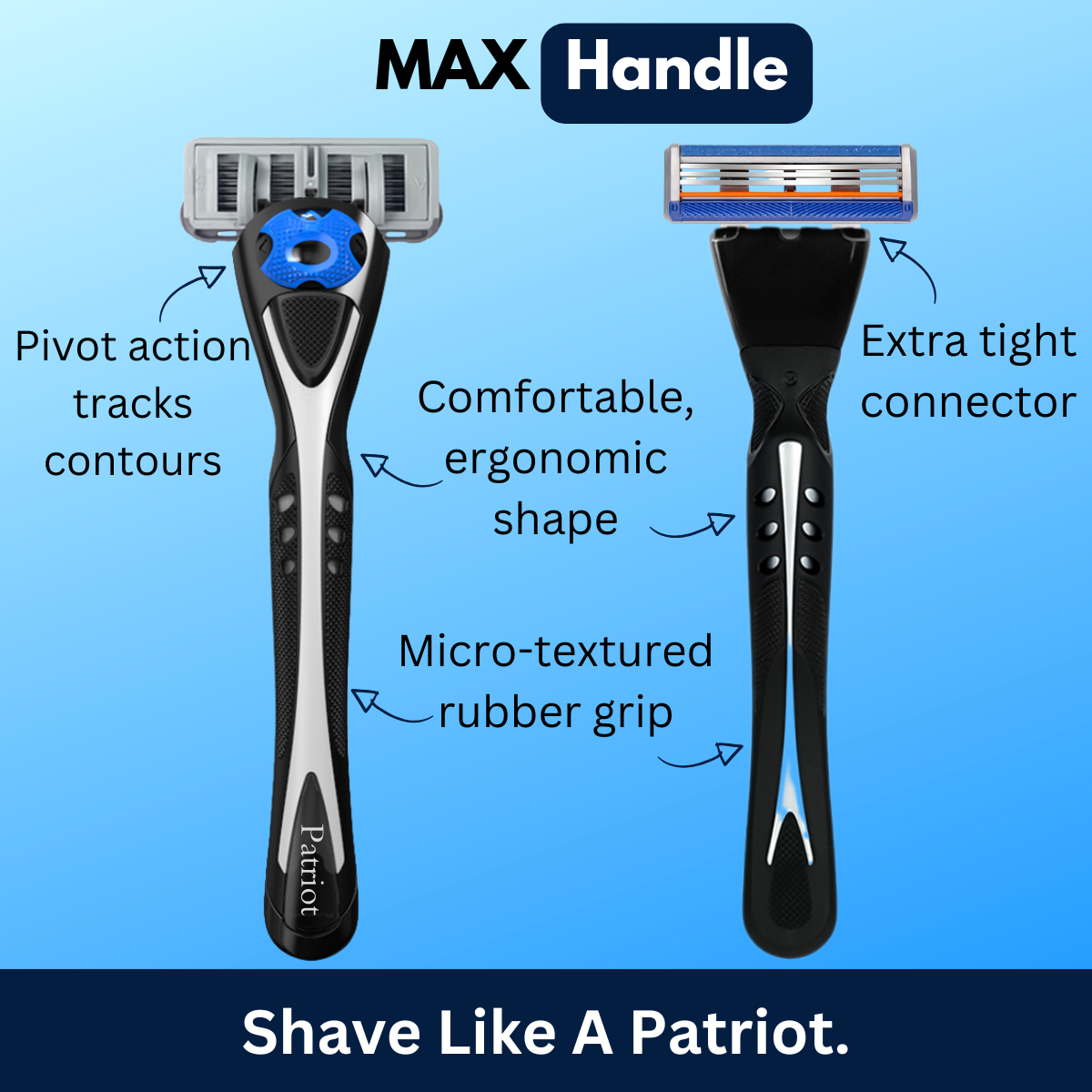 Razor handle with features highlighted on a blue background