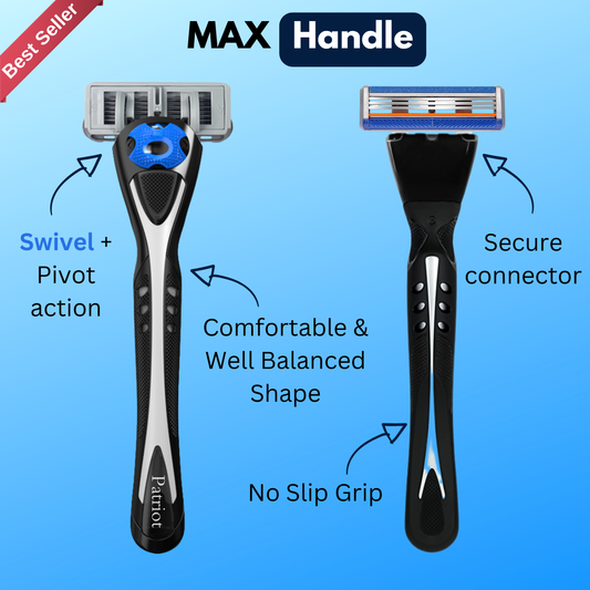 Razor handle with features highlighted on a blue background