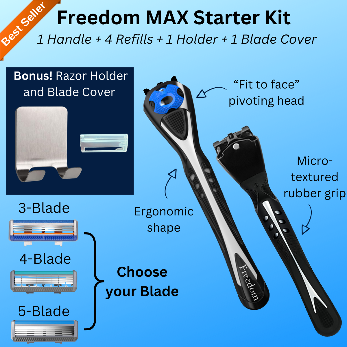 Freedom MAX Starter Kit with razor handle, refills, and holder on a blue background