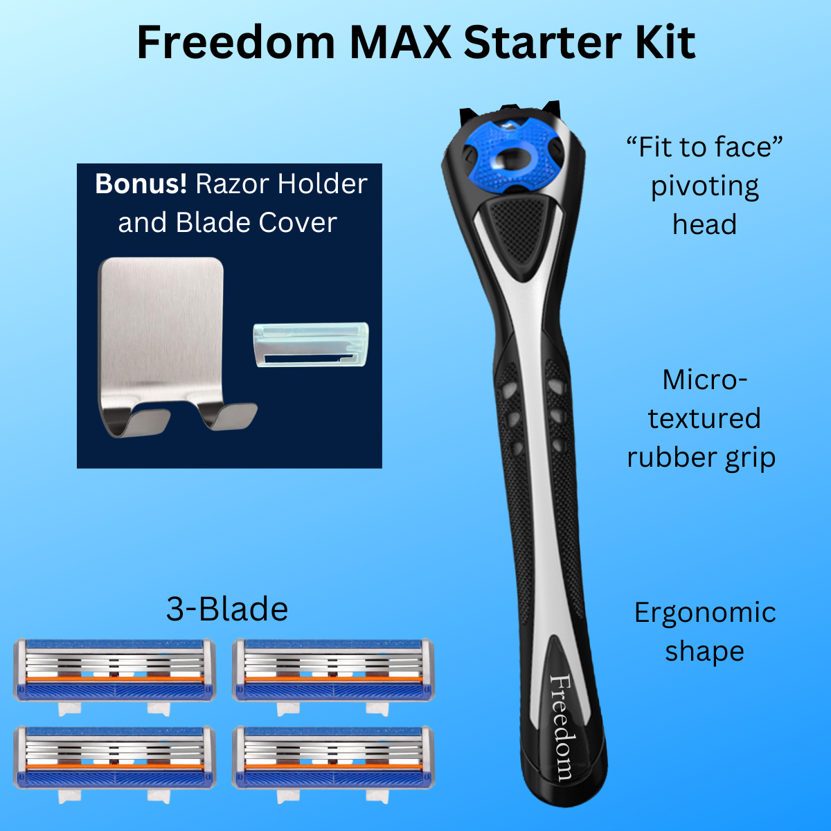 Freedom MAX Starter Kit 3-blade with razor and blades on a blue background