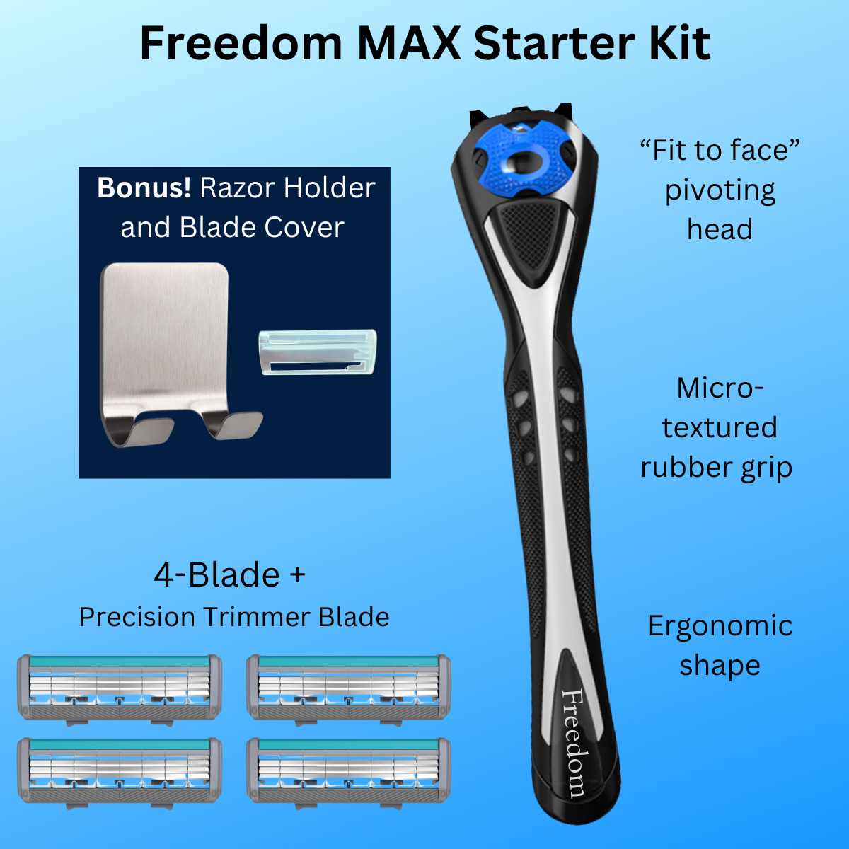 Freedom MAX Razor Starter Kit 4-Blade with razor and blades on a blue background