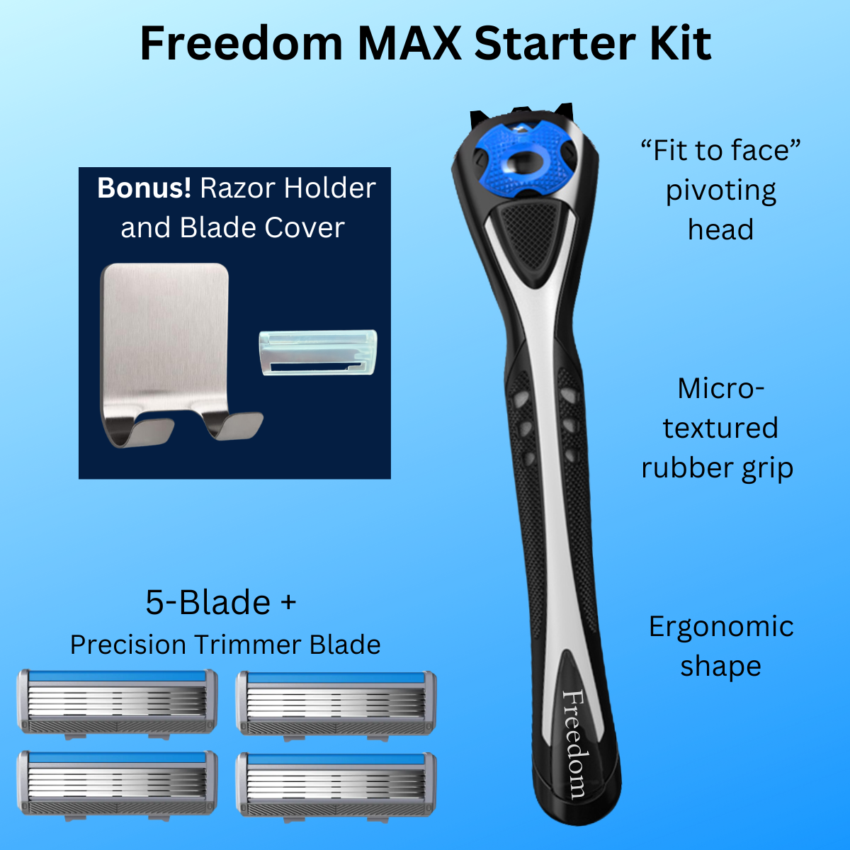 Freedom MAX Razor Starter Kit Bundle with handle, 5 Blade refills and bonus items