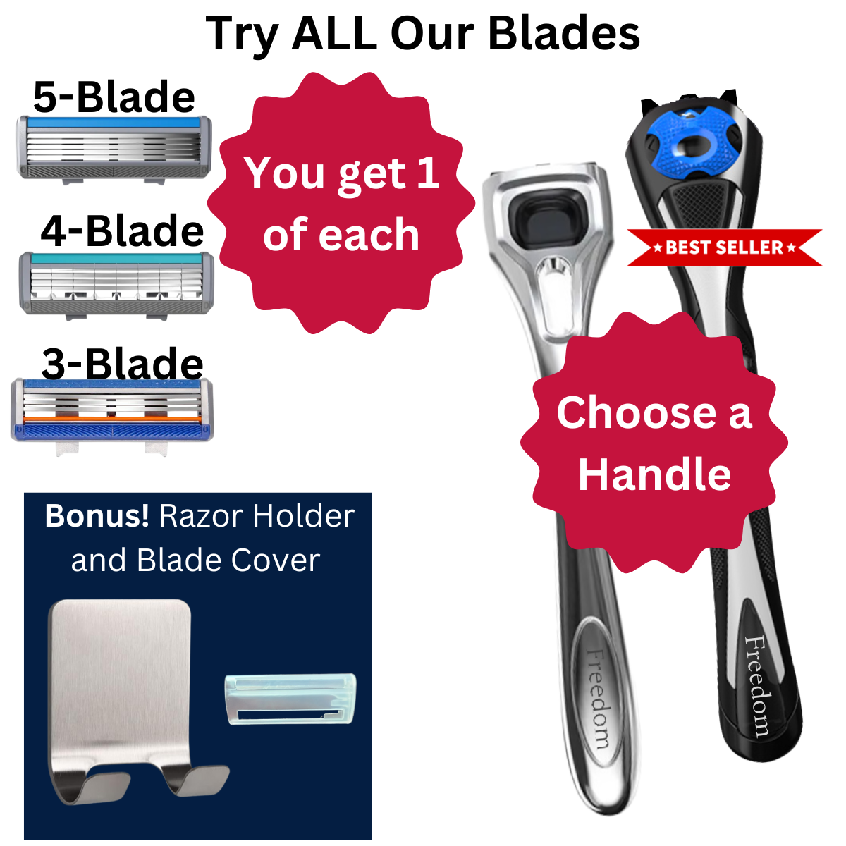 Shaving razor bundle with choice of handles and blades on a white background