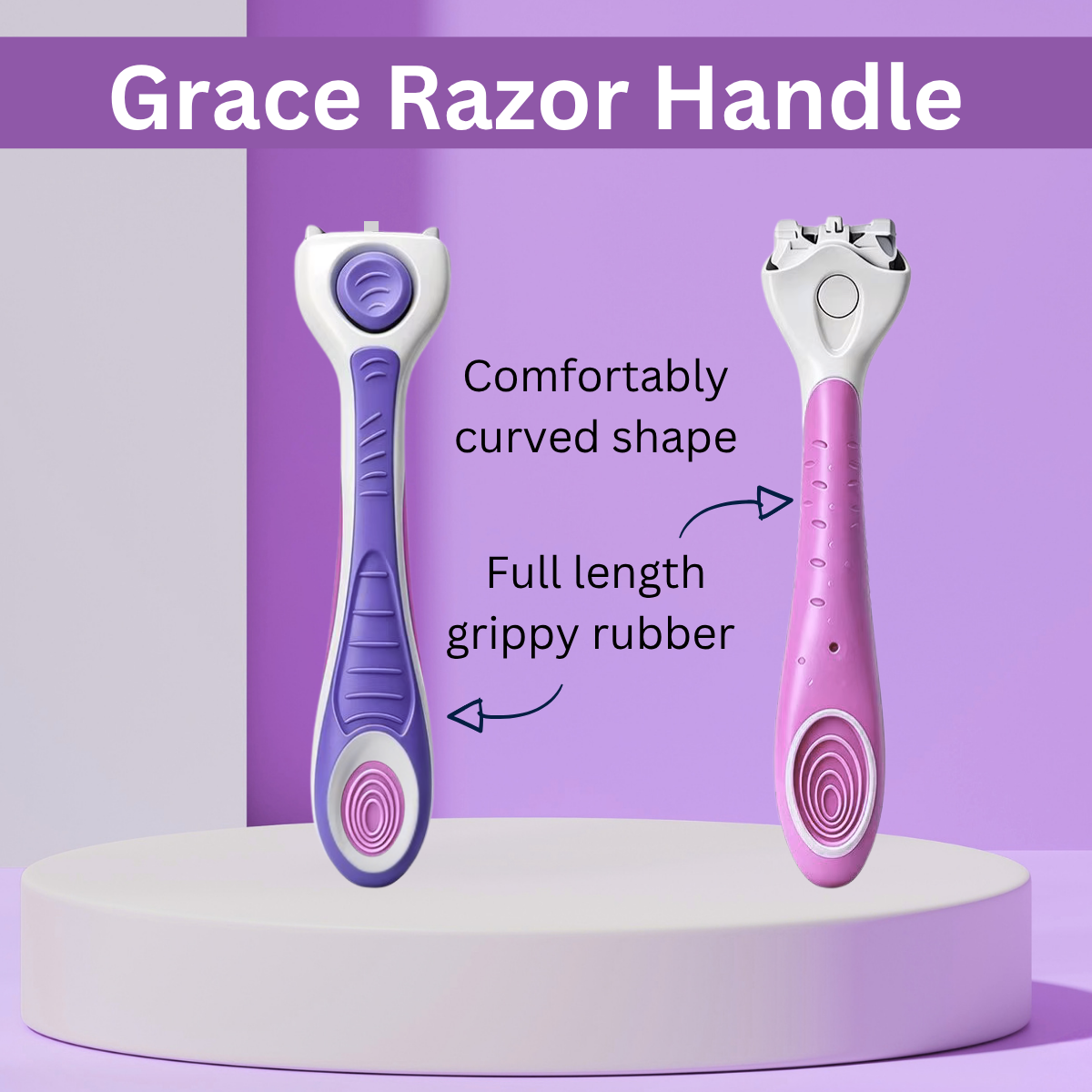 Grace Razor Handle shown in two colorways, a purple and white version on the left and a pink and white version on the right, displayed on a white pedestal against a purple background with descriptive text overlays.