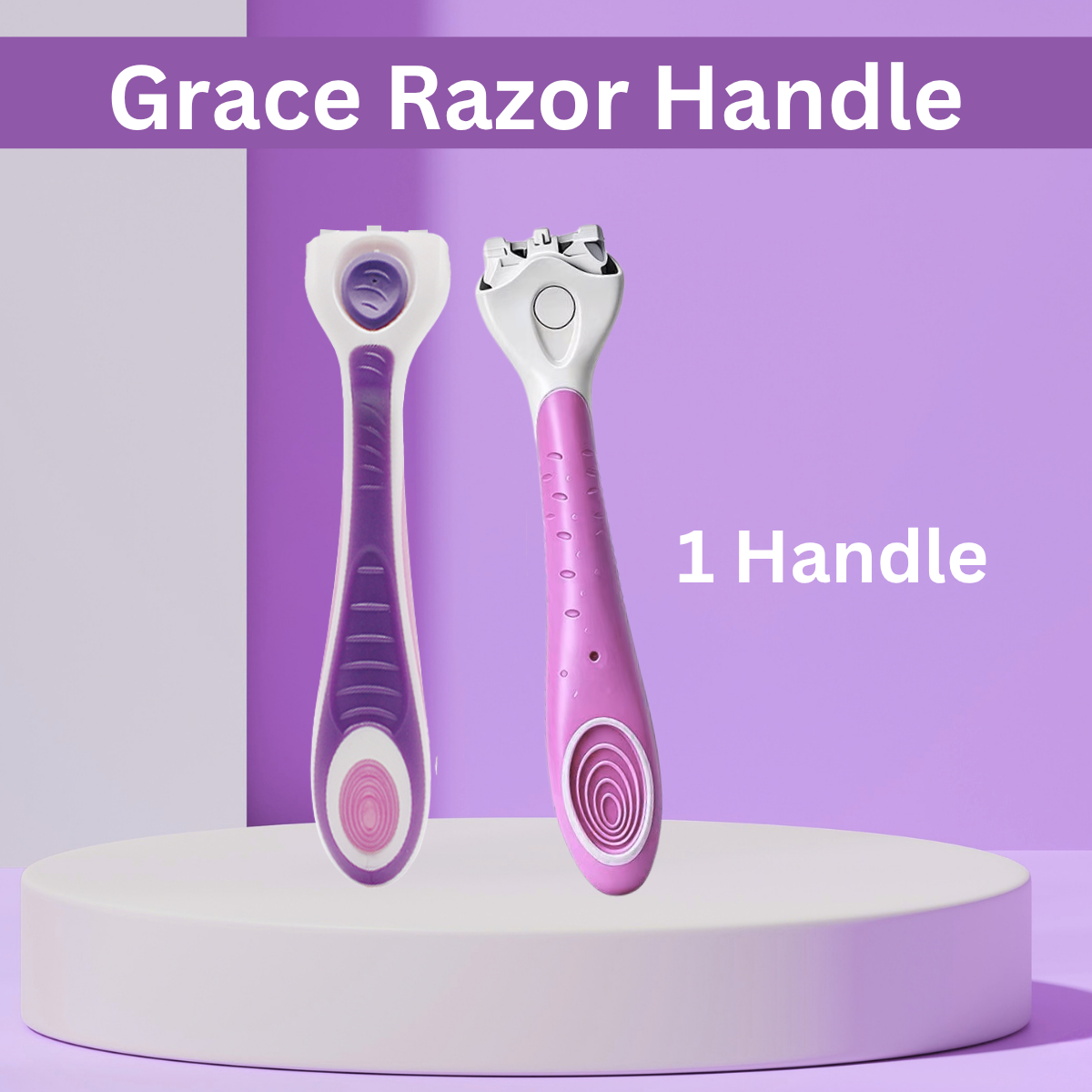 Grace Razor Handle shown in two color options: purple and pink, displayed on a white pedestal against a lavender background with text overlays.