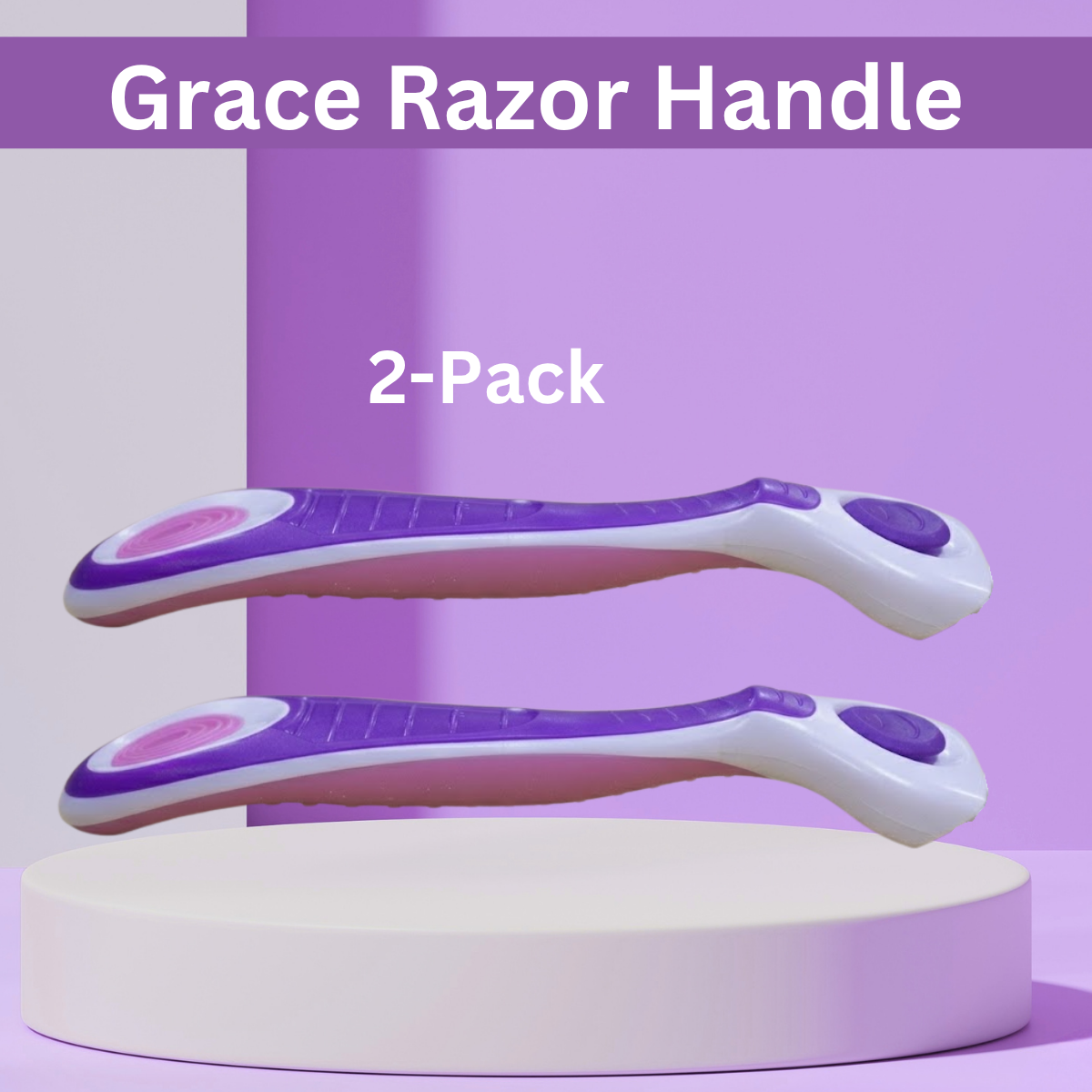 Two Grace Razor Handles in a 2-pack, displayed horizontally on a white cylindrical pedestal against a purple and lavender background. The handles are white with purple textured grips and pink circular accents.