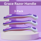 Three Grace Razor Handles stacked vertically on a round pedestal against a purple and white studio background, with text reading 'Grace Razor Handle' and '3-Pack'.