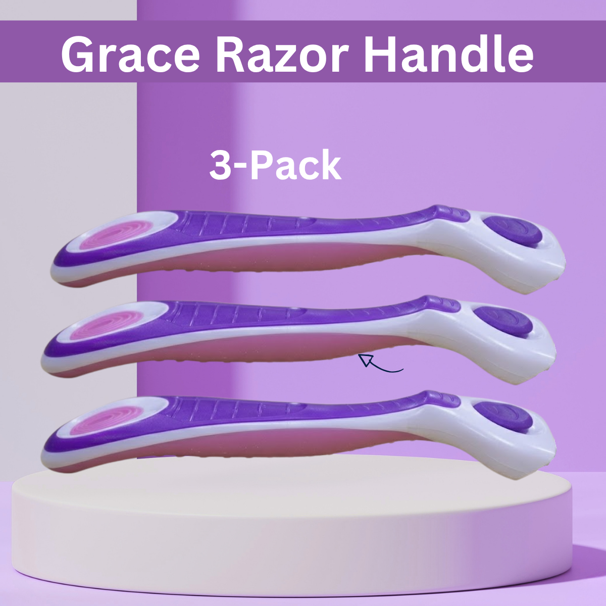 Three Grace Razor Handles stacked vertically on a round pedestal against a purple and white studio background, with text reading 'Grace Razor Handle' and '3-Pack'.