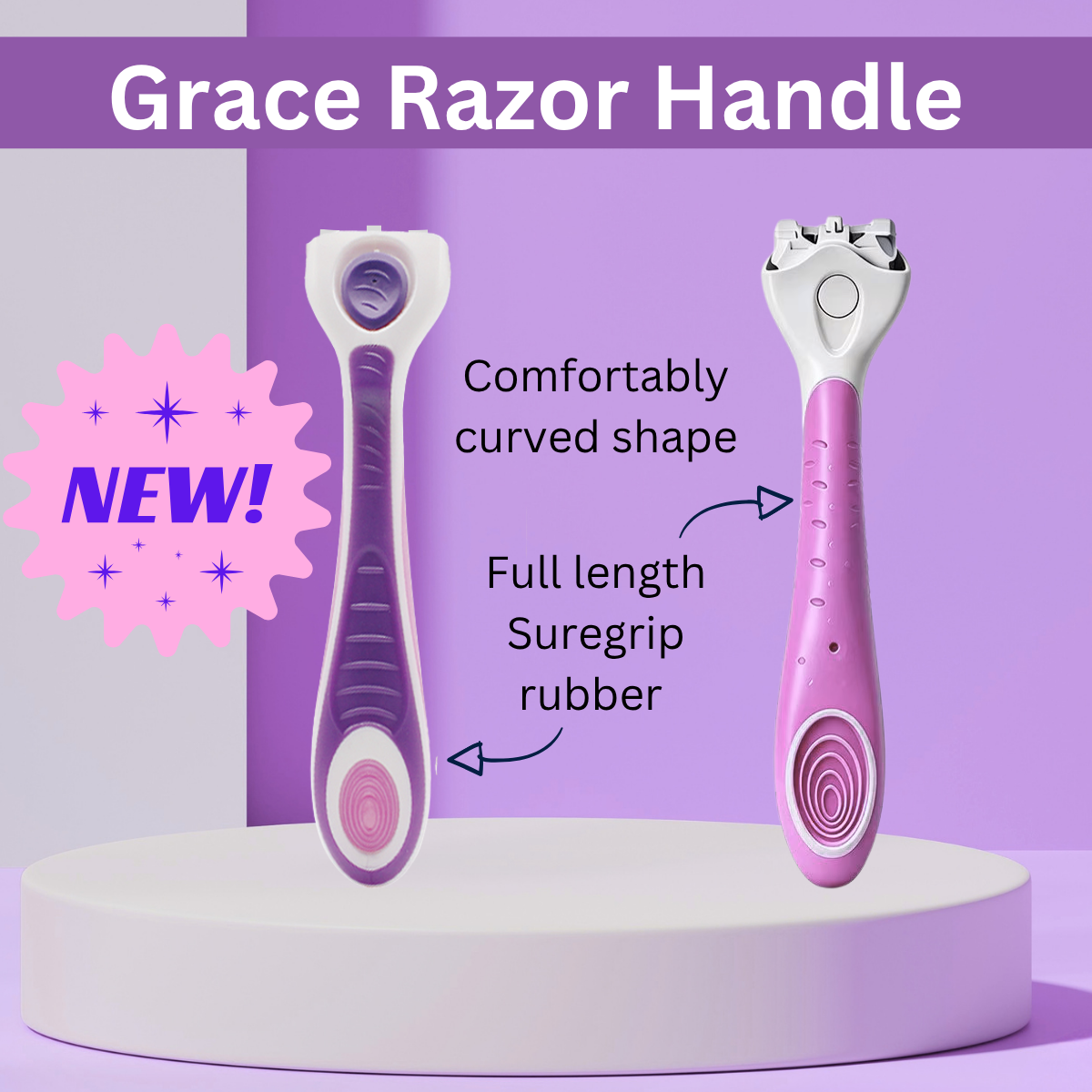 Grace Razor Handle shown in two color variants, a purple and white version on the left and a pink and white version on the right, displayed on a white pedestal against a lavender background with text highlighting its curved shape and gripping rubber.