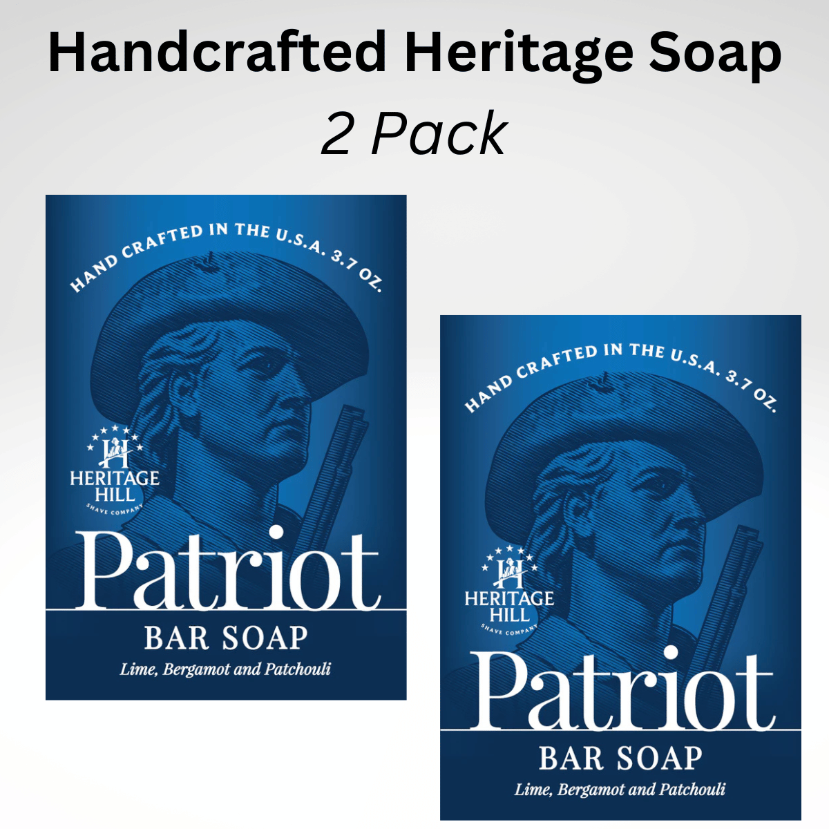 Two bars of soap with packaging that features patriotic themes. One is labeled 'Patriot Bar Soap' with a illustration of a man's profile in a hat, and the other is labeled 'John Paul Jones Bar Soap' with a similar illustration in a grey scale.