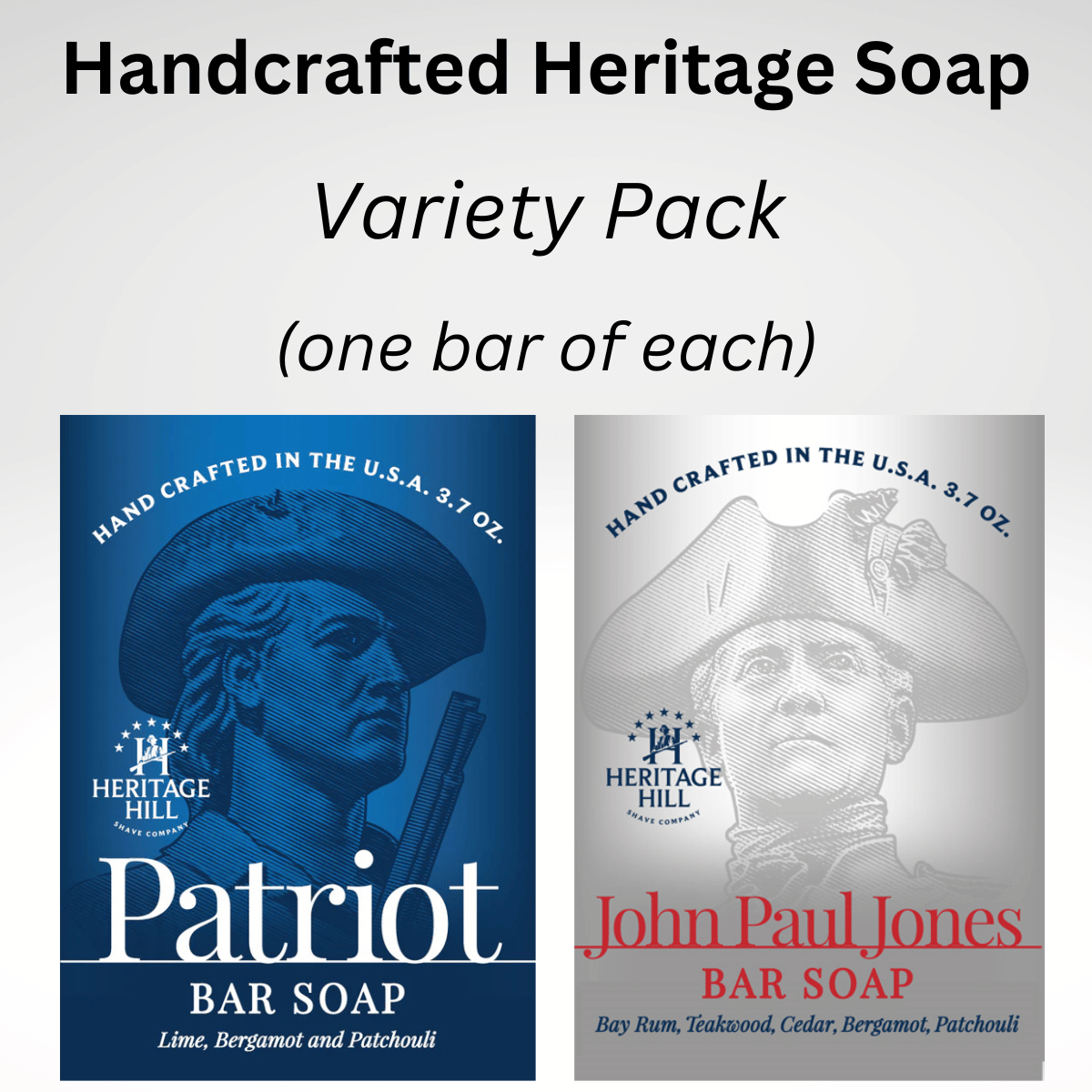 Two bars of soap with packaging that features patriotic themes. One is labeled 'Patriot Bar Soap' with a illustration of a man's profile in a hat, and the other is labeled 'John Paul Jones Bar Soap' with a similar illustration in a grey scale.