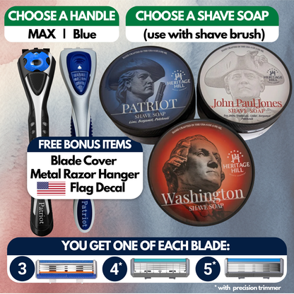 A promotional product graphic for Heritage Hill Shave Soap showing multiple shaving items and options: two razors, two shaving soap tins labeled Patriot and Washington, text about choosing a handle and shave soap, and bonus items including a blade cover, metal razor hanger, and flag decal. Blade cover and metal razor hanger are excluded from product colors.