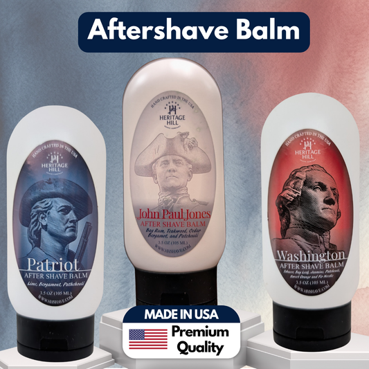 Three bottles of Heritage Hill after shave balm with historical figures on labels against a gradient background.