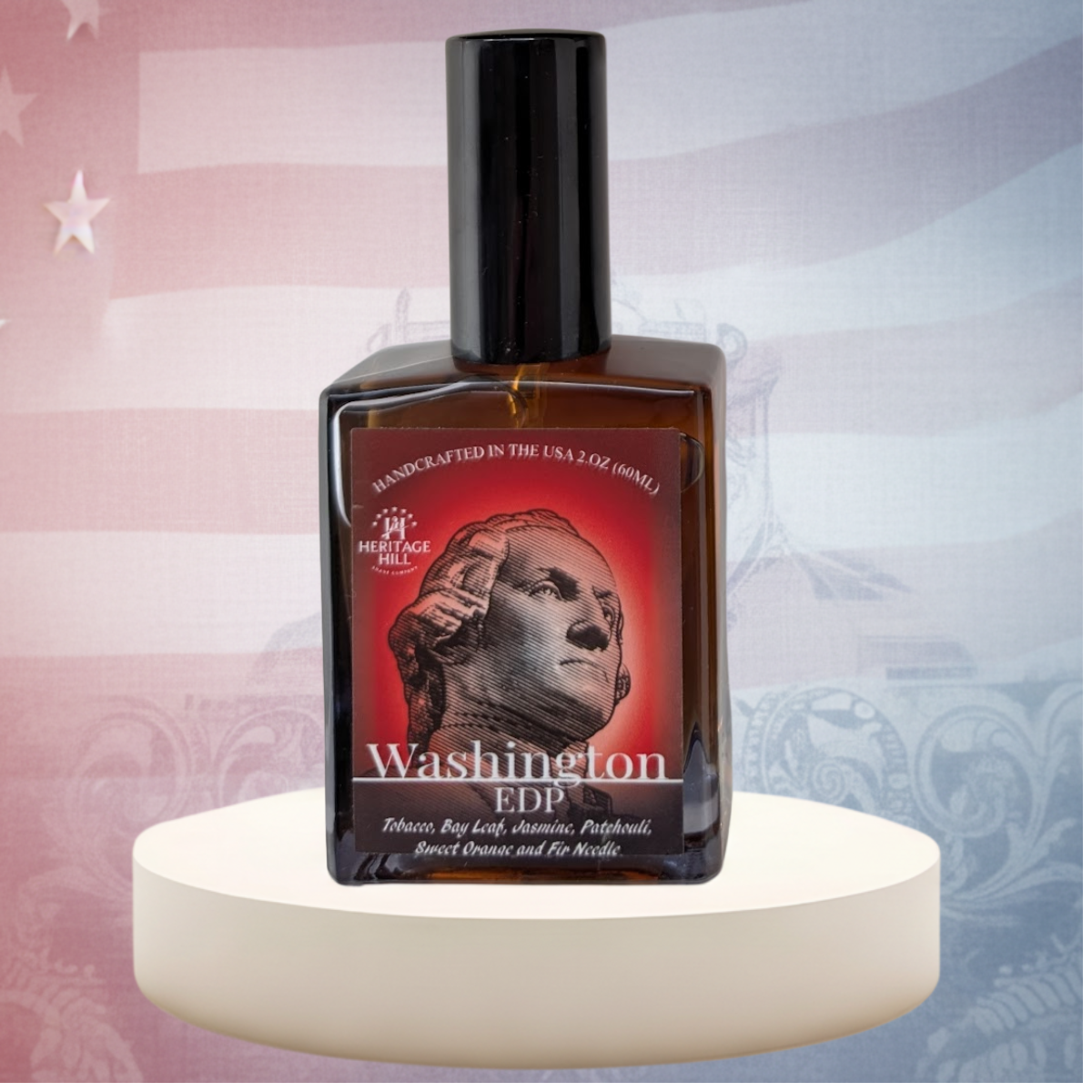 Perfume bottle labeled 'Washington EDP' on a stand with an American flag background