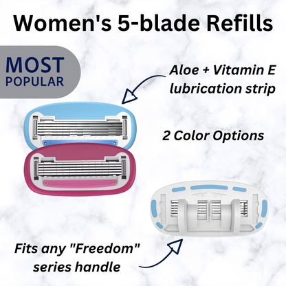 Women's 5-blade refills with aloe and vitamin E lubrication strip on a marble background