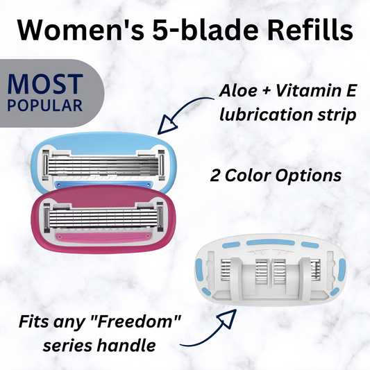 Women's 5-blade refills with aloe and vitamin E lubrication strip on a marble background