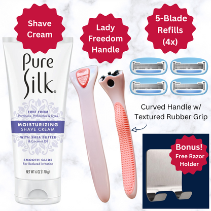 Pure Silk shaving kit with cream, razor handle, razor refills on a white background