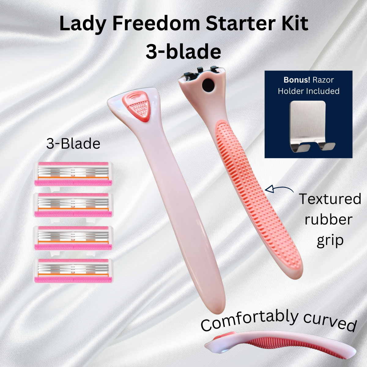An image showcasing a Lady Freedom Starter Kit for razors, including one handle with a textured rubber grip, one holder, and four refills with a choice of 3-blade, 4-blade, or 5-blade configurations. 