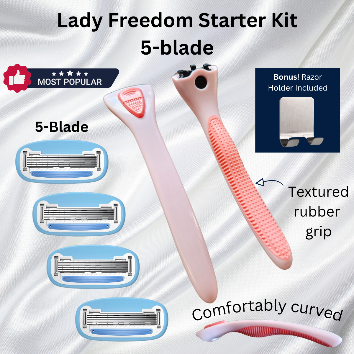 Lady Freedom Razor Starter Kit with 5-blade razor heads and pink textured rubber grip handle on a white background.