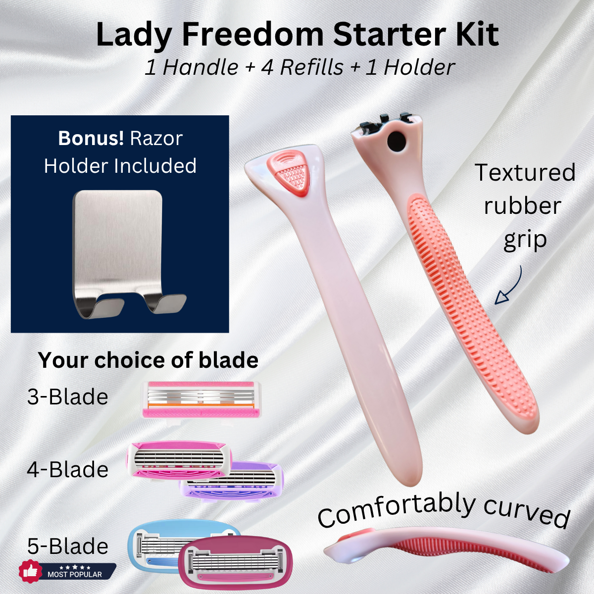 Lady Freedom Razor Starter Kit with razor blades and pink textured rubber grip handle on a satin background.