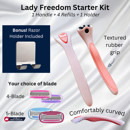Lady Freedom Starter Kit with handle, refills, and razor holder on a white background