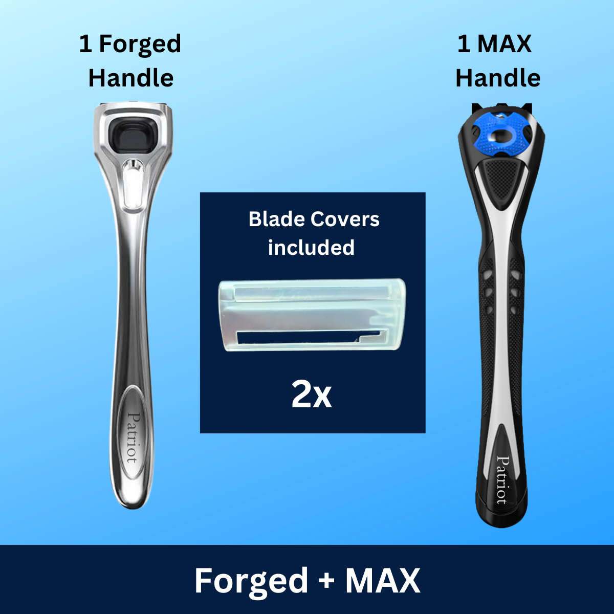 Patriot Shave Handle Variety Pack with two handles and blade covers on a blue background