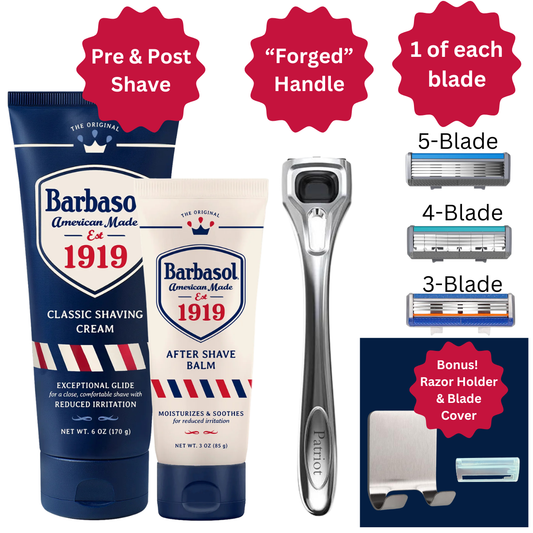 Patriot Shave razors with Barbasol shaving products including cream, balmon a white background.
