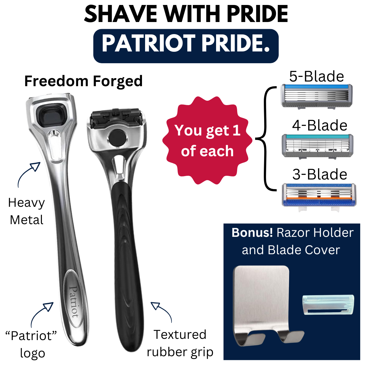 A silver alloy shaving razor handle with various razor blades and a bonus razor holder and blade cover