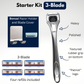 Patriot Forged Starter Kit, including a polished metal alloy razor handle, four razor refills, a razor holder, and a blade cover. The image also shows an option to choose between a 3-blade, 4-blade, and 5-blade razor.