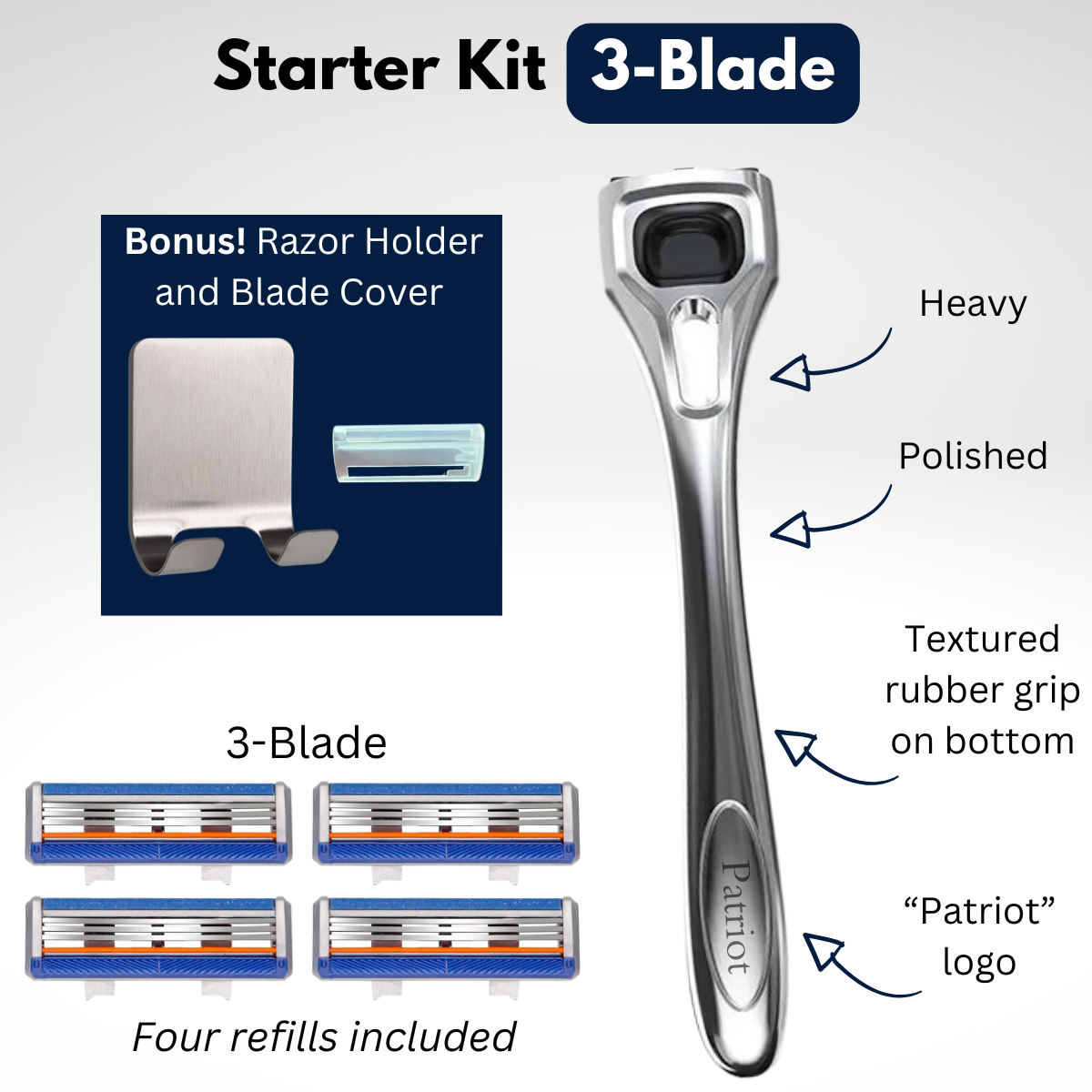 Patriot Forged Starter Kit, including a polished metal alloy razor handle, four razor refills, a razor holder, and a blade cover. The image also shows an option to choose between a 3-blade, 4-blade, and 5-blade razor.
