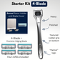 Patriot Forged Starter Kit, including a polished metal alloy razor handle, four razor refills, a razor holder, and a blade cover. The image also shows an option to choose between a 3-blade, 4-blade, and 5-blade razor.